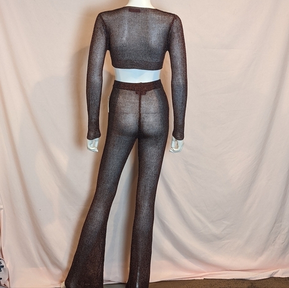 Sorelle UK Red Metallic Matching Crop Top and Flare Pants Knit Chainmail Set XS - Picture 4 of 9